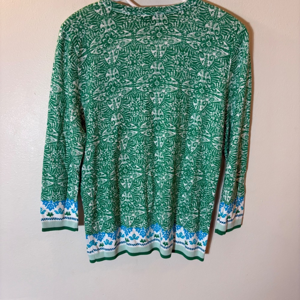Talbots Petite Medium Green Abstract Floral Border Button Front Cardigan Sweater - Picture 6 of 6